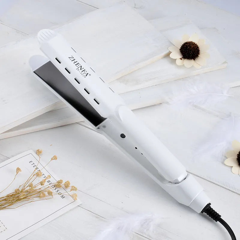 Gold wet dry curling iron with 15mm barrel and push button switch on white background