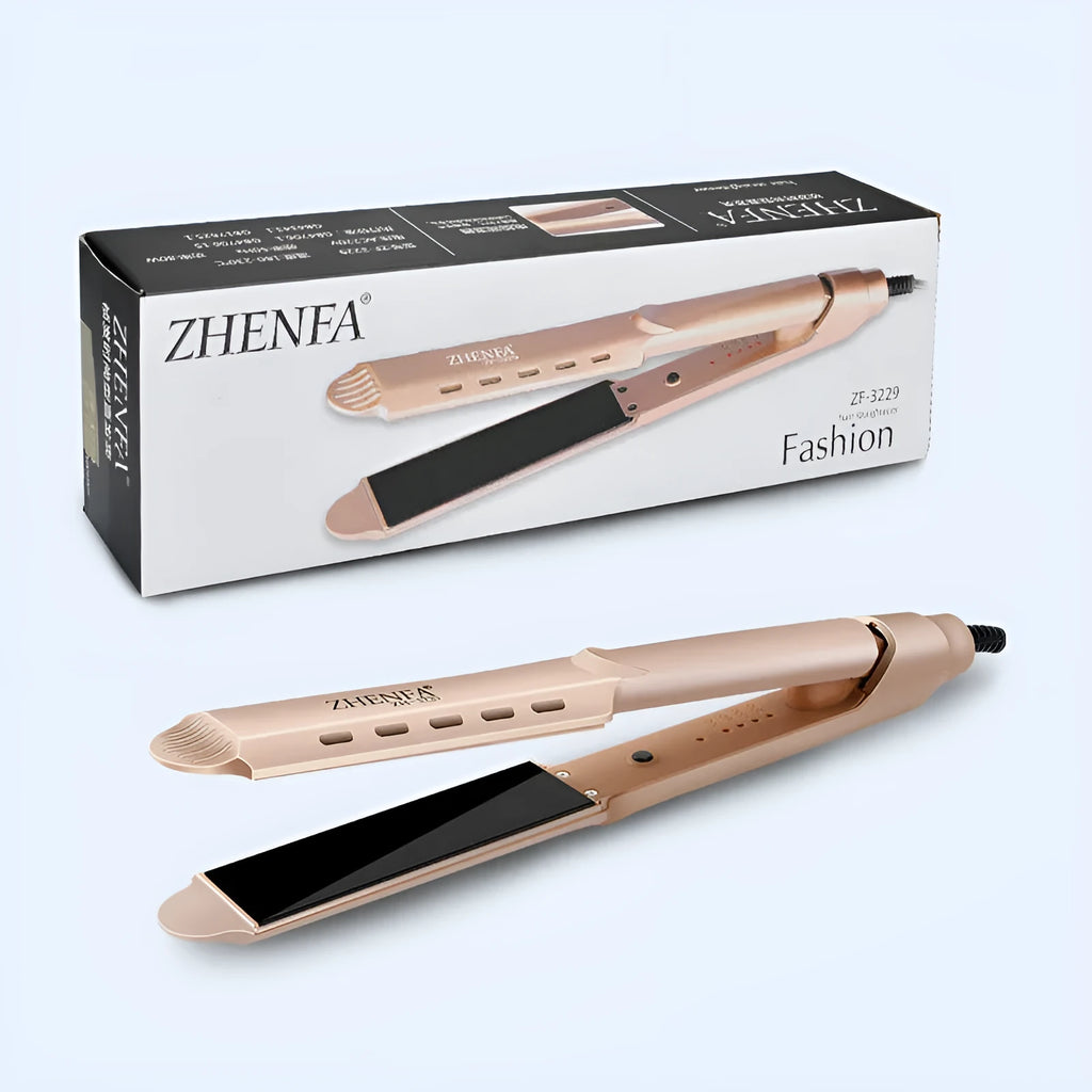 Gold wet dry curling iron with 15mm barrel and push button switch on white background