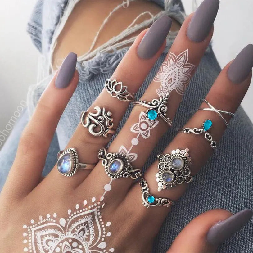 Bohemian retro crystal flower and lotus ring set for women, alloy with gems, silver tone, on display