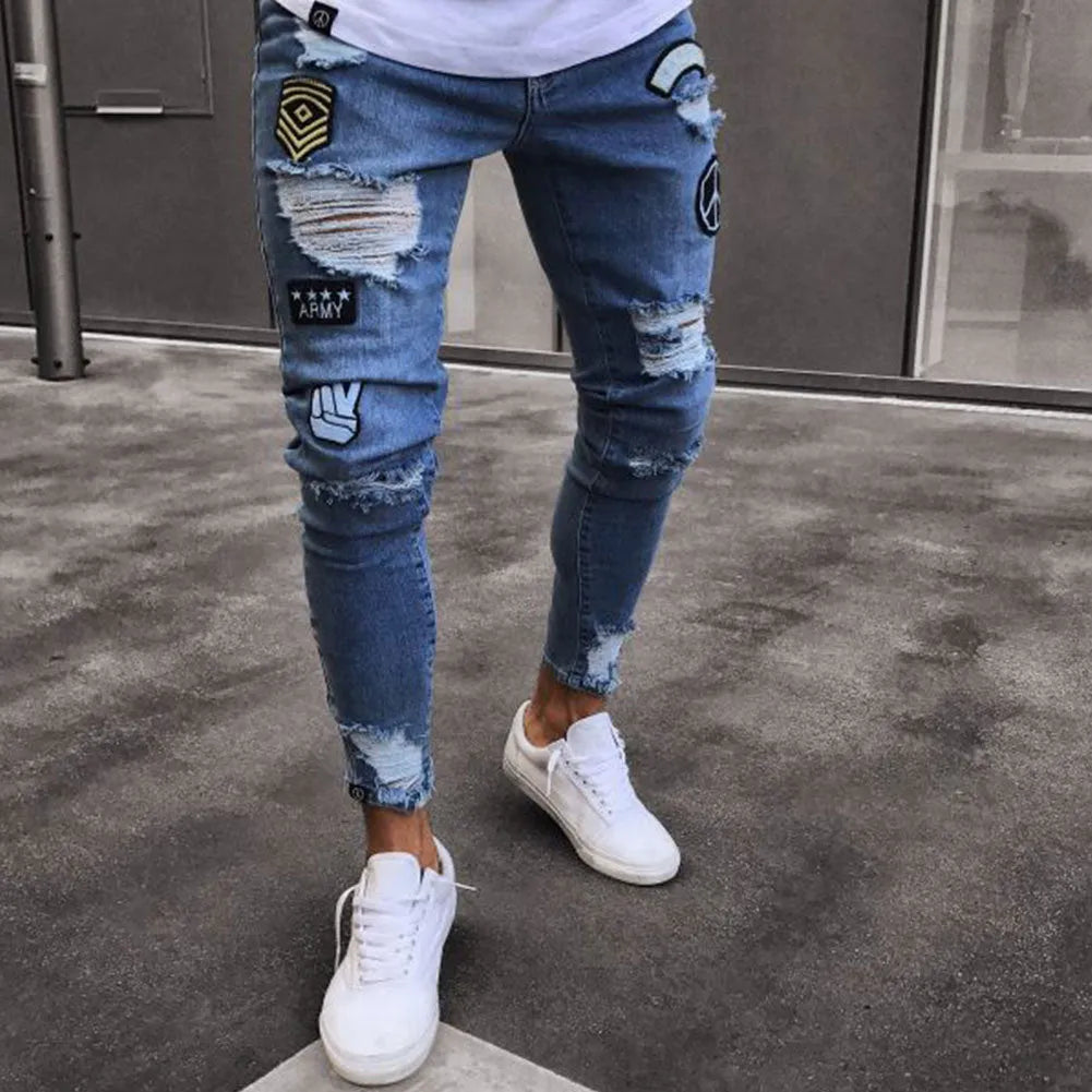 Cotton knee hole zipper trousers in black, blue, and white, mid-waist fit