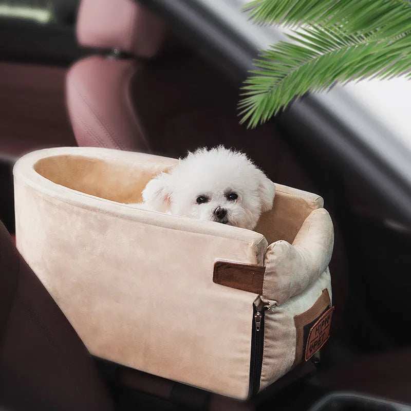 Gray car pet bed with adjustable pillow on car seat for dogs and cats