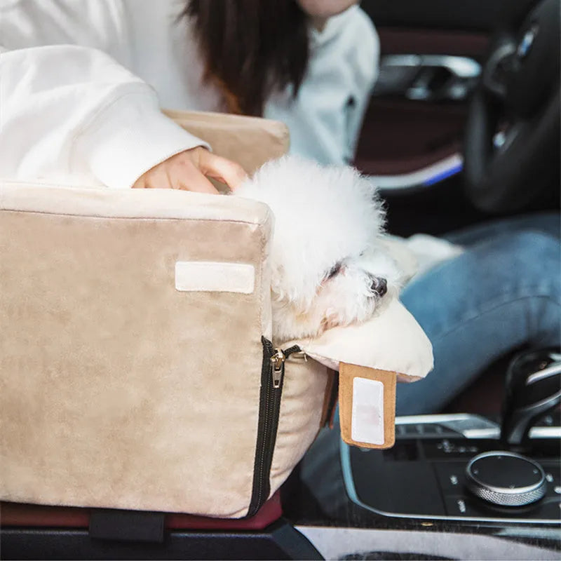 Gray car pet bed with adjustable pillow on car seat for dogs and cats