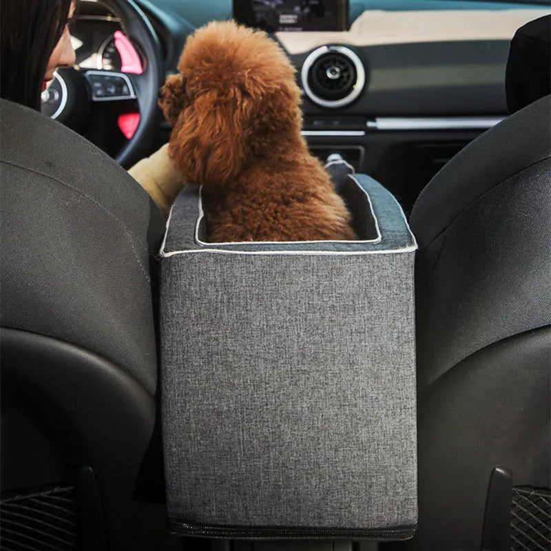 Gray car pet bed with adjustable pillow on car seat for dogs and cats