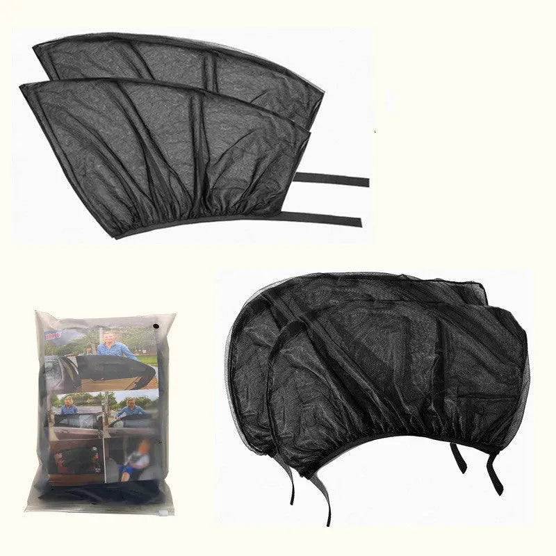 Car window cover net in stretchable elastic mesh for sun shade and anti-mosquito use, fitting front and rear windows