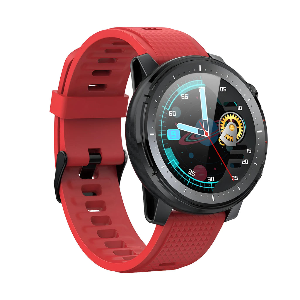 Black and red Android smart watch with round touch screen and silicone strap