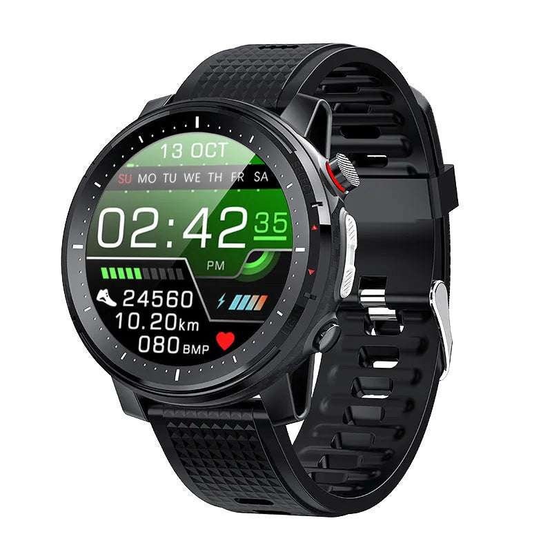 Black and red Android smart watch with round touch screen and silicone strap