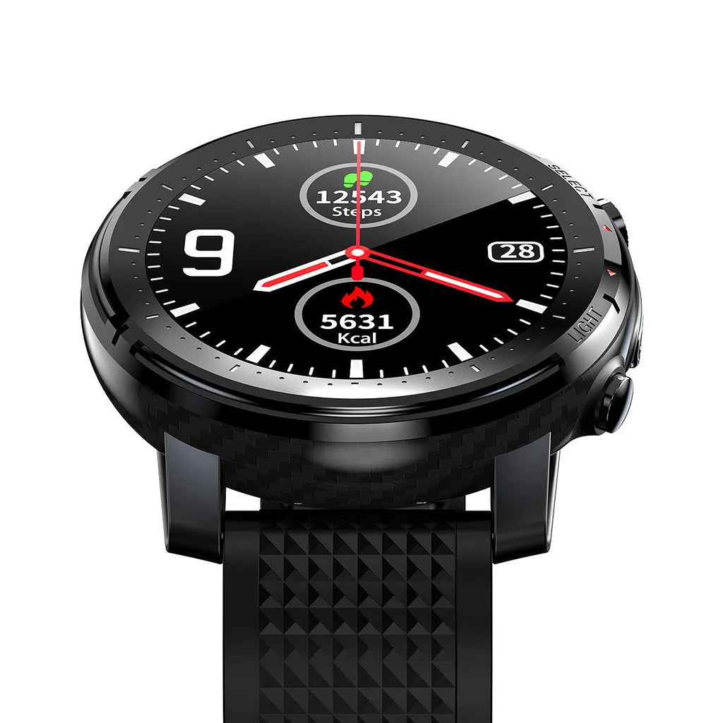 Black and red Android smart watch with round touch screen and silicone strap