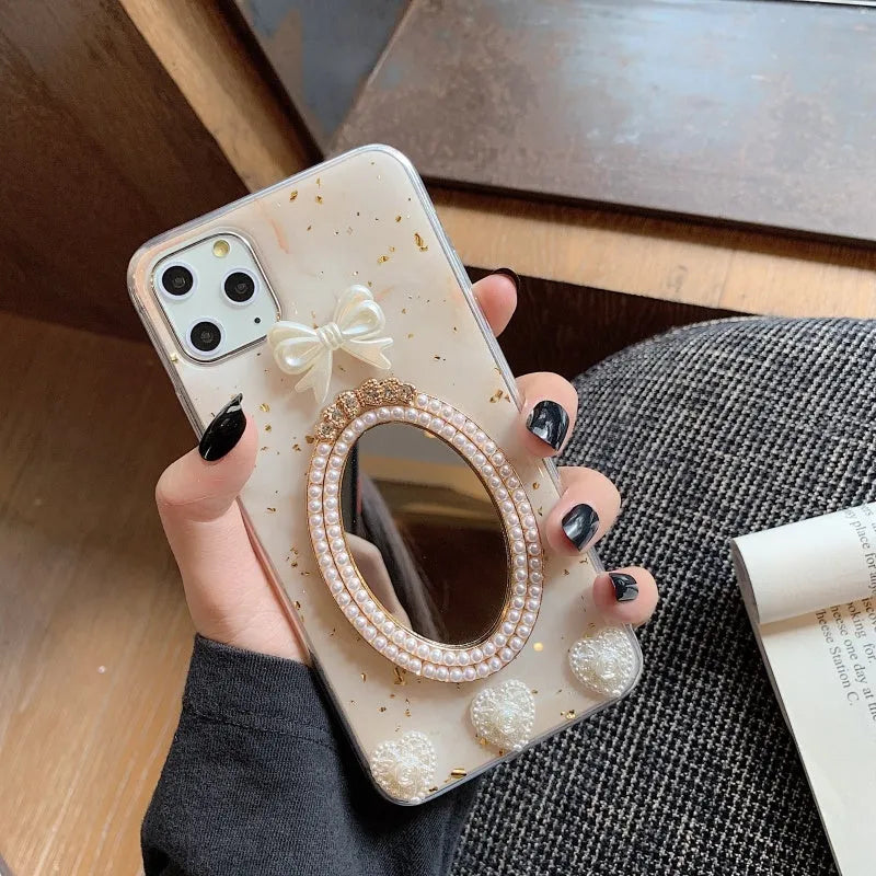 Brown marble silicone iPhone case with rhinestone bowknot and mirror surface design