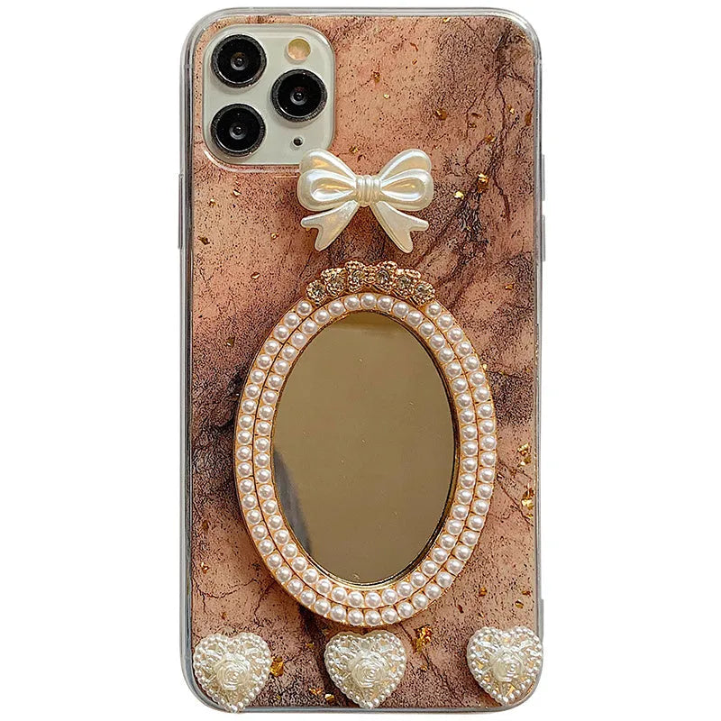 Brown marble silicone iPhone case with rhinestone bowknot and mirror surface design