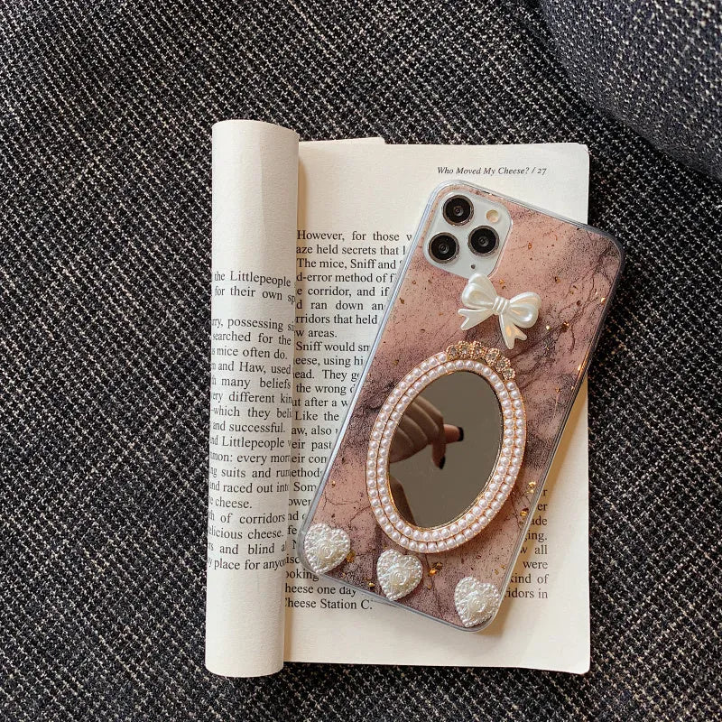 Brown marble silicone iPhone case with rhinestone bowknot and mirror surface design