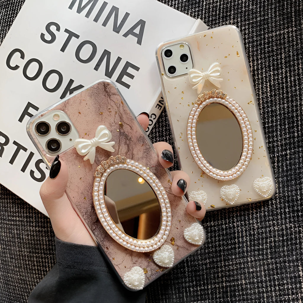 Brown marble silicone iPhone case with rhinestone bowknot and mirror surface design