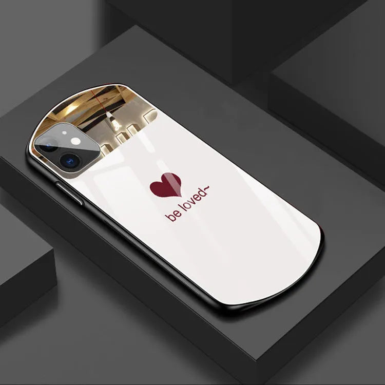 Love Makeup Mirror Mirror Xr TPU PC phone case with heart letter print in pink, white, black, and wine red for iPhone models