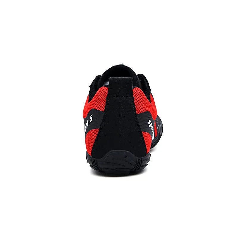 Outdoor wading shoes in mesh material with rubber soles shown in red, black, and orange colour options