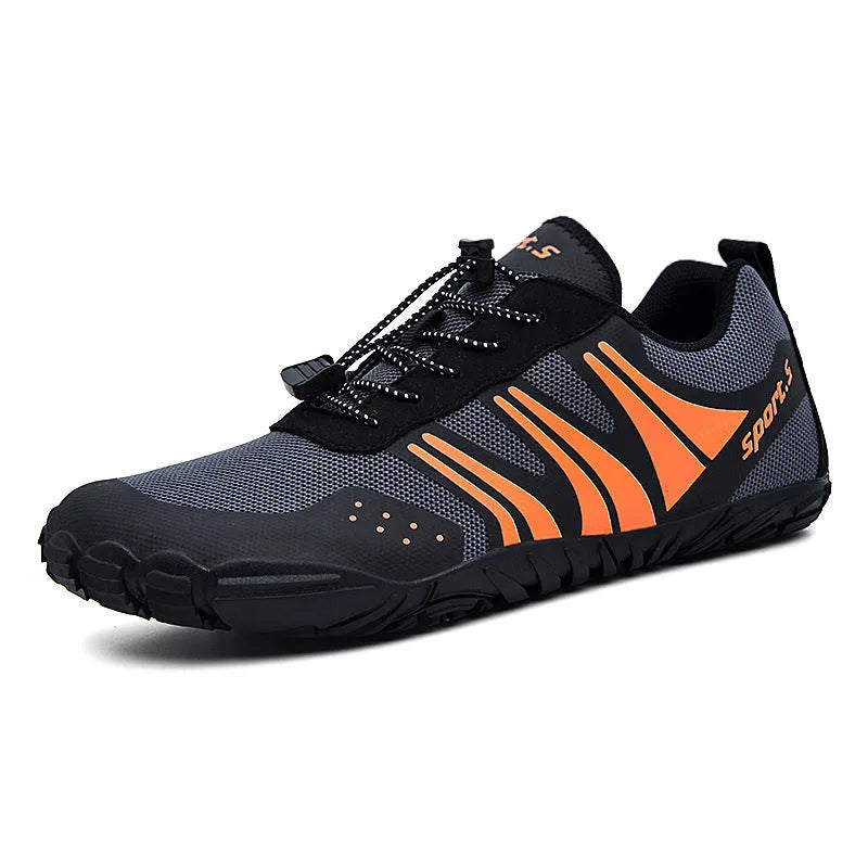 Outdoor wading shoes in mesh material with rubber soles shown in red, black, and orange colour options