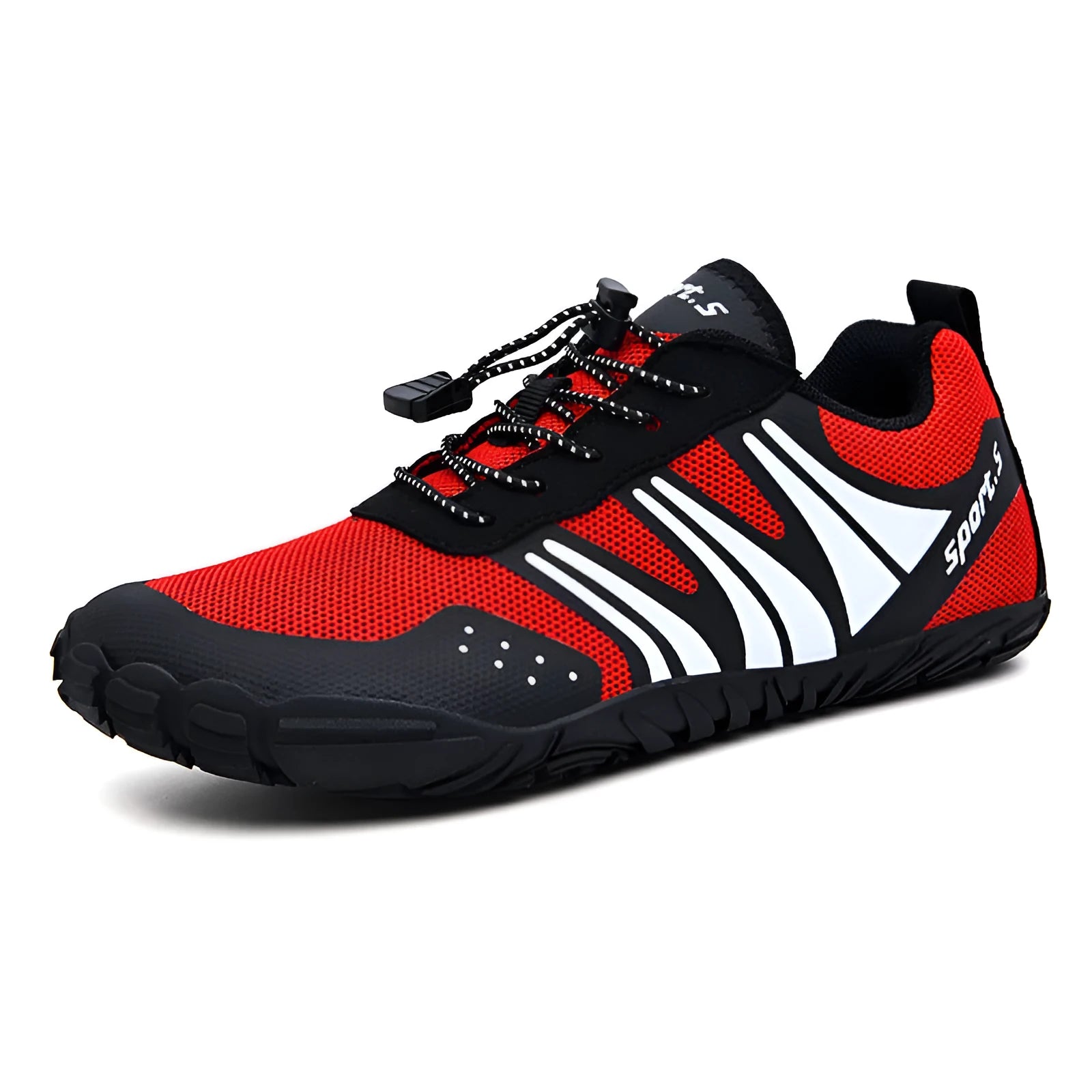 Outdoor wading shoes in mesh material with rubber soles shown in red, black, and orange colour options
