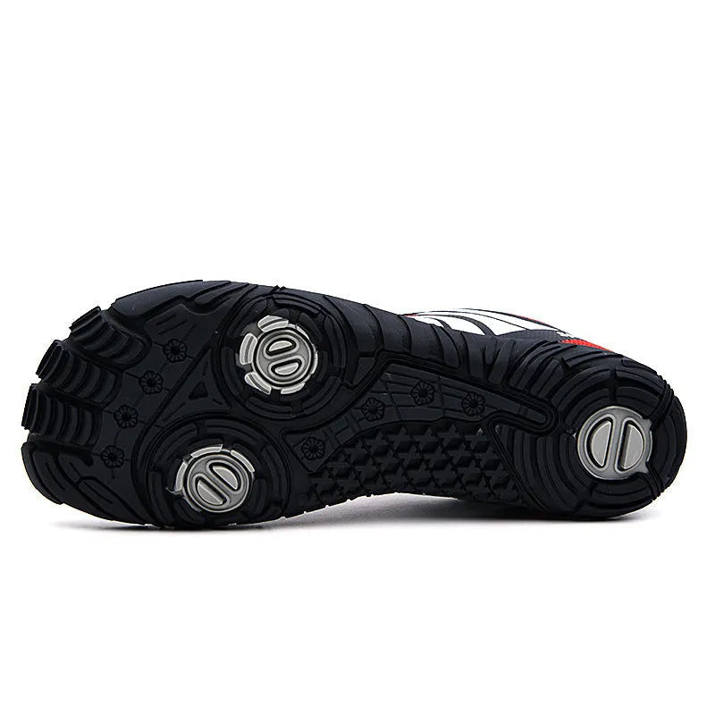 Outdoor wading shoes in mesh material with rubber soles shown in red, black, and orange colour options