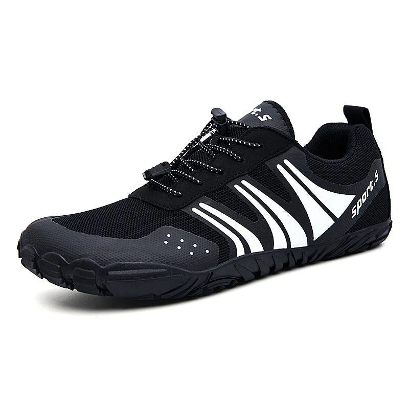 Outdoor wading shoes in mesh material with rubber soles shown in red, black, and orange colour options