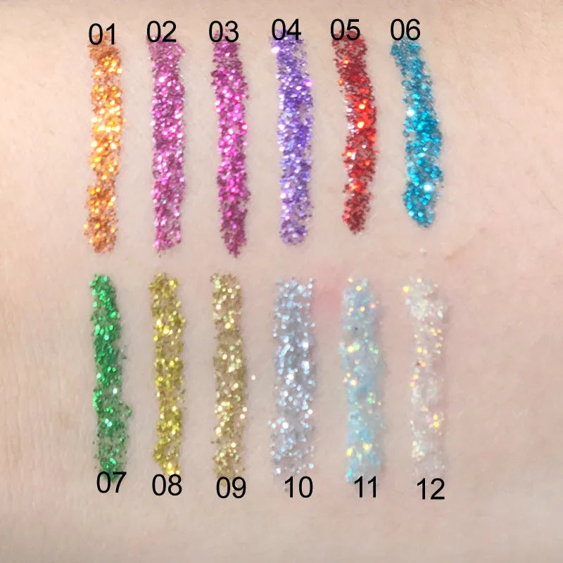 12-colour glitter eyeliner pencil set, waterproof long-lasting party and smoky eye makeup for women