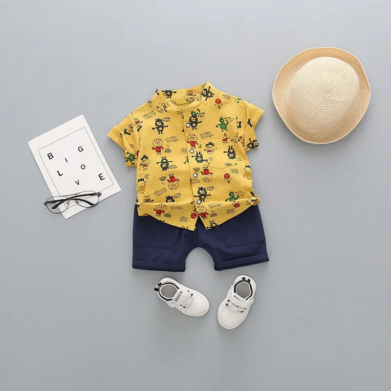 Children's cotton short-sleeved shorts suit for boys, available in multiple colours including airplane design