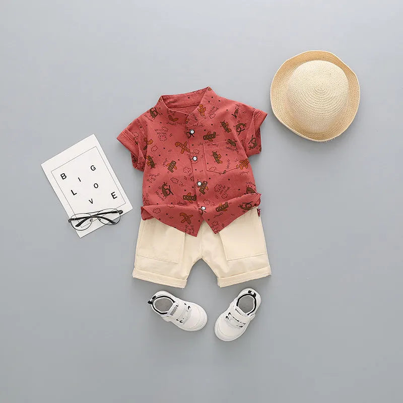 Children's cotton short-sleeved shorts suit for boys, available in multiple colours including airplane design
