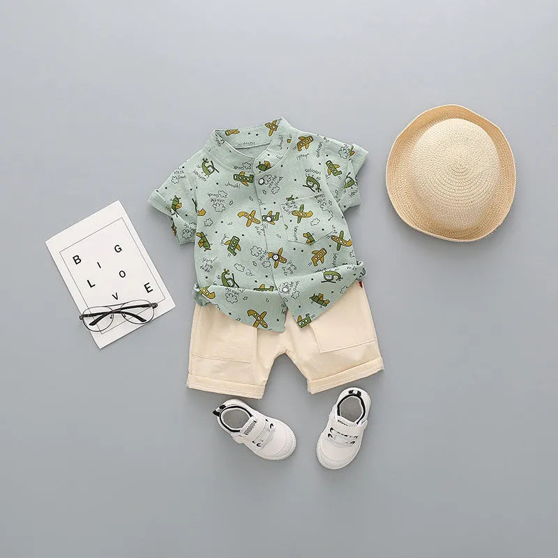 Children's cotton short-sleeved shorts suit for boys, available in multiple colours including airplane design