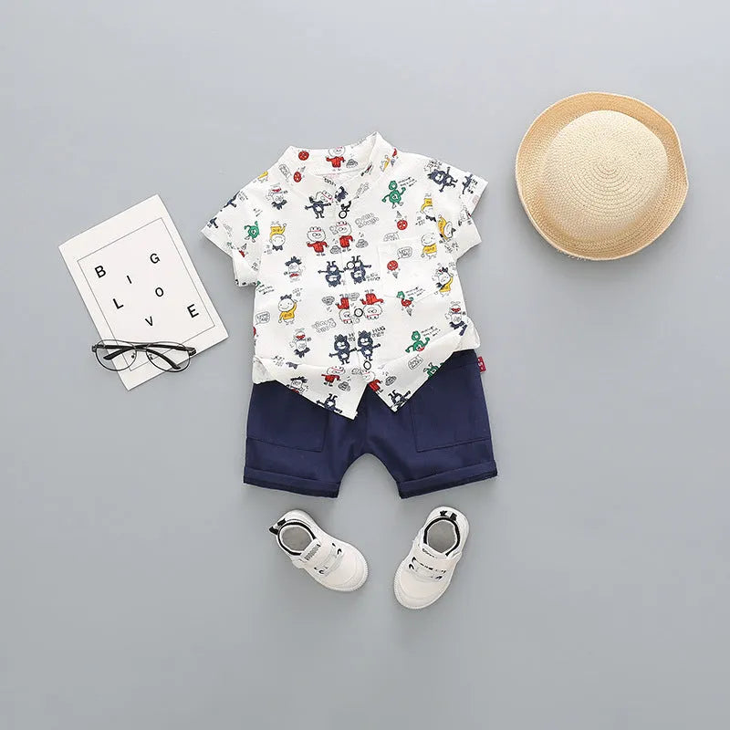 Children's cotton short-sleeved shorts suit for boys, available in multiple colours including airplane design