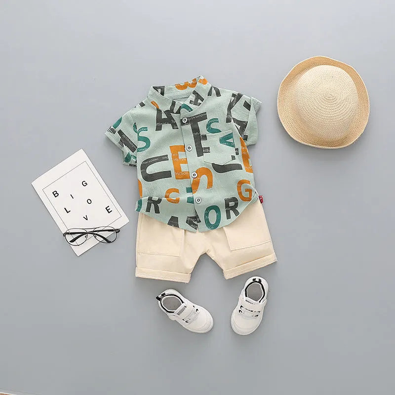 Children's cotton short-sleeved shorts suit for boys, available in multiple colours including airplane design