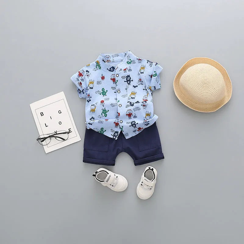 Children's cotton short-sleeved shorts suit for boys, available in multiple colours including airplane design