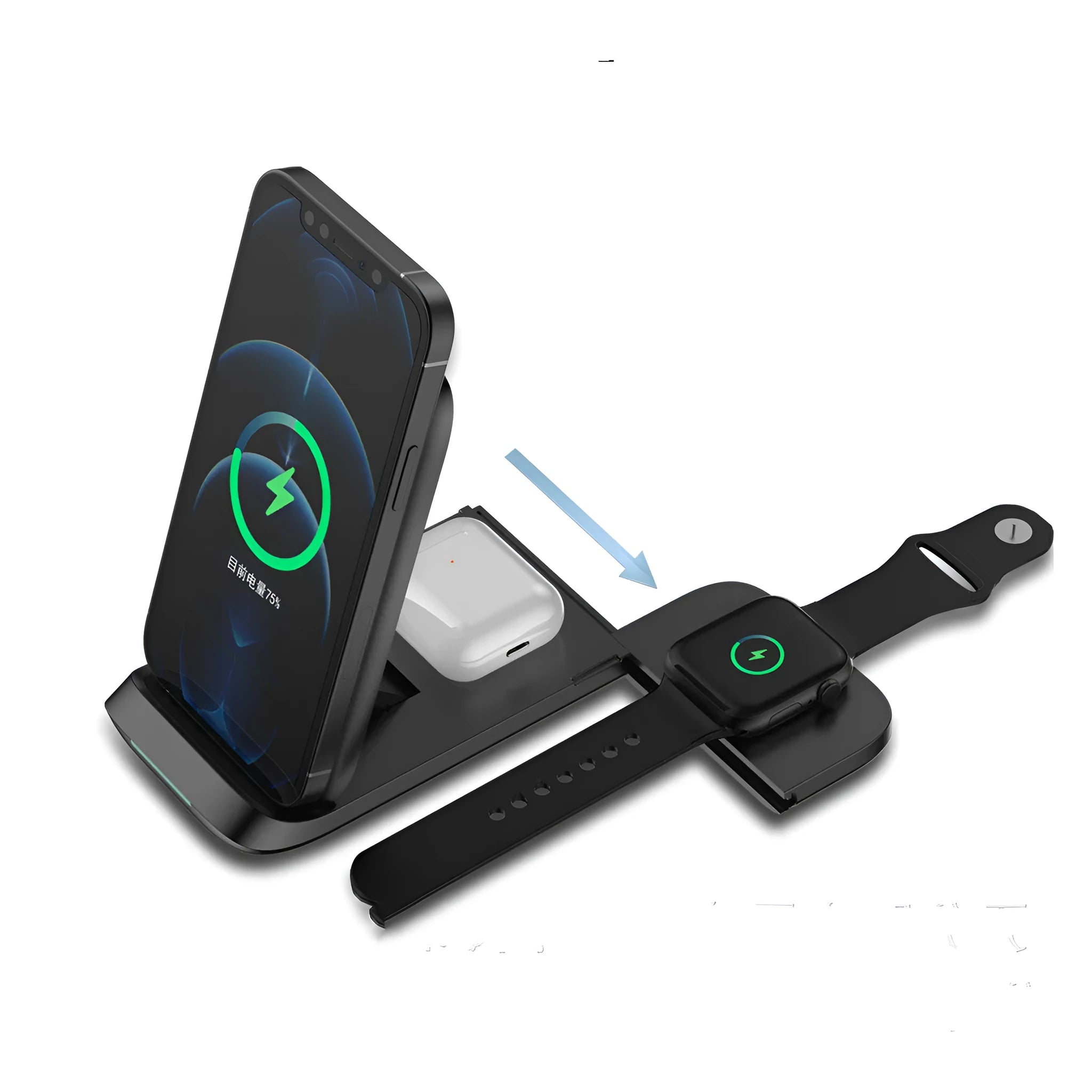 Black foldable three-in-one wireless charger showing charging pads for phone and earbuds