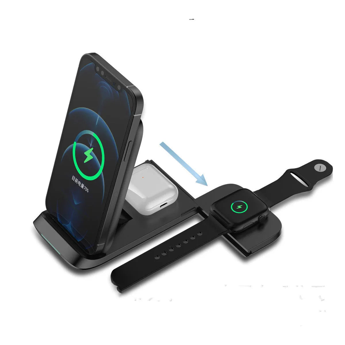 Black foldable three-in-one wireless charger showing charging pads for phone and earbuds