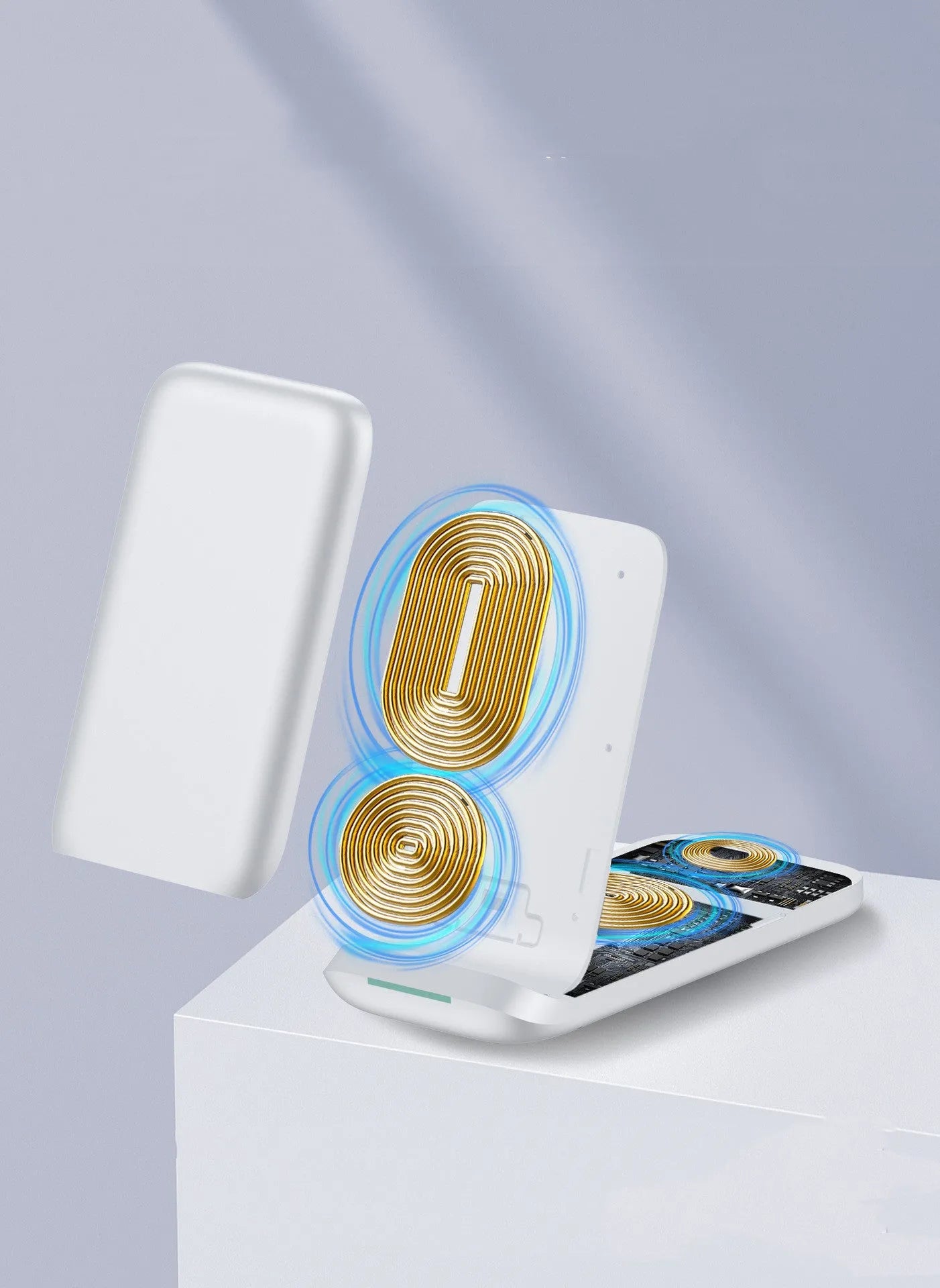 Black foldable three-in-one wireless charger showing charging pads for phone and earbuds