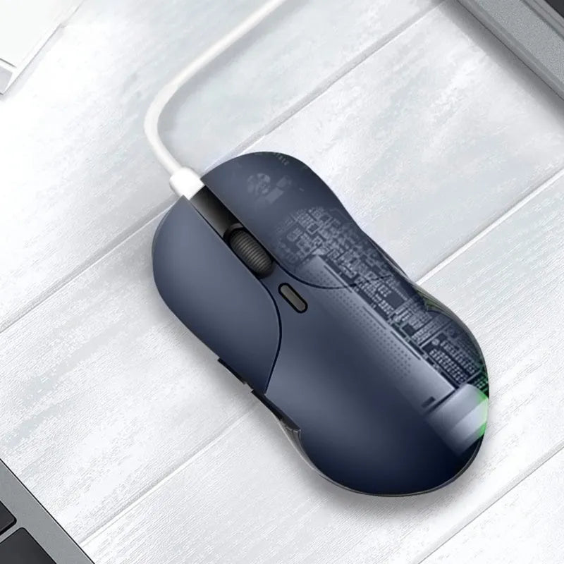Blue wireless computer mouse with voice translation function showing voice control button and 2.4GHz USB receiver