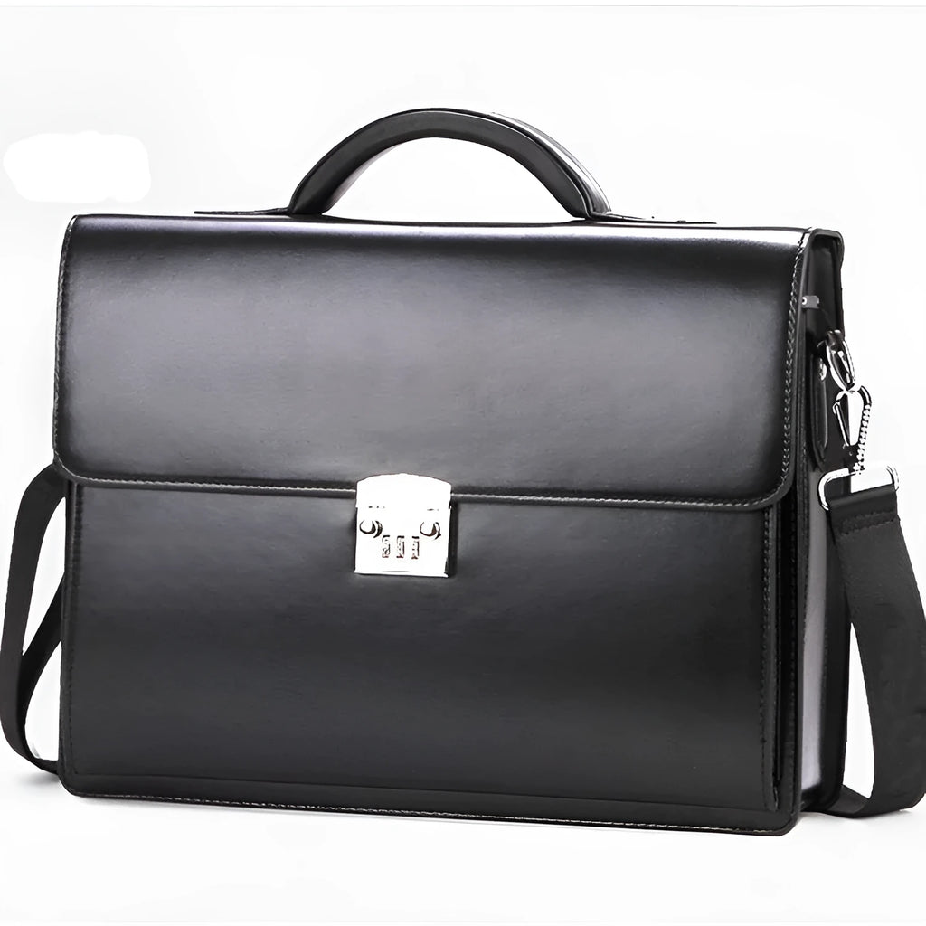Black horizontal square men's business briefcase with shoulder strap and top handle, zipper open showing interior pockets.