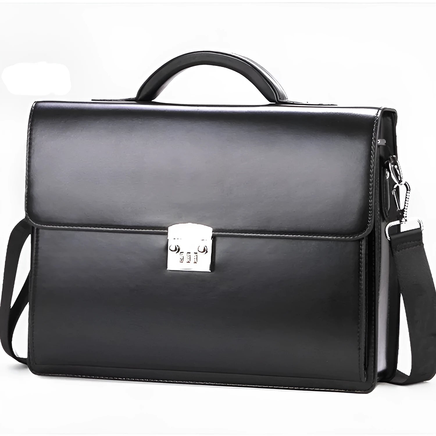 Black horizontal square men's business briefcase with shoulder strap and top handle, zipper open showing interior pockets.