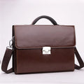 Black horizontal square men's business briefcase with shoulder strap and top handle, zipper open showing interior pockets.
