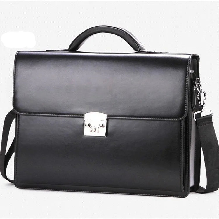 Black horizontal square men's business briefcase with shoulder strap and top handle, zipper open showing interior pockets.