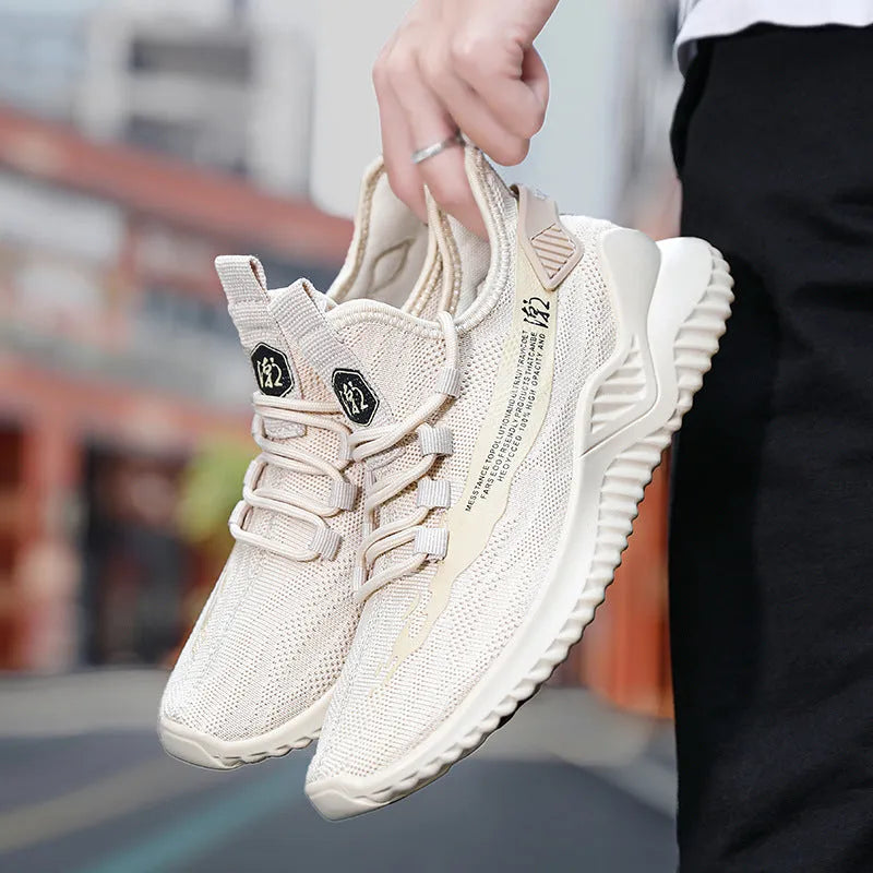 Men's white mesh sports shoes with rubber soles and round toe design