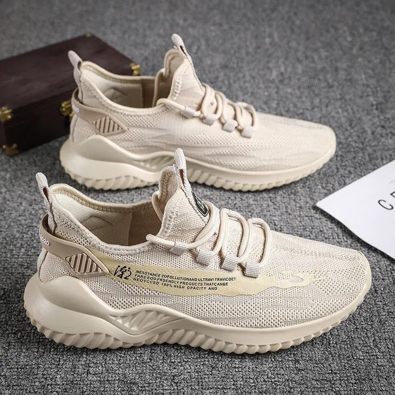 Men's white mesh sports shoes with rubber soles and round toe design