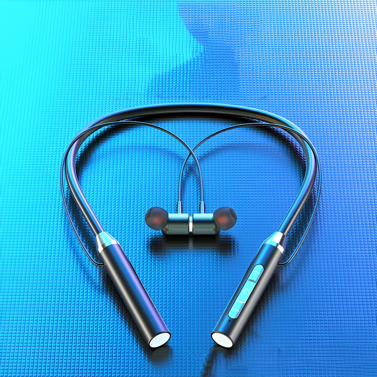 Wireless Bluetooth headset in black with neck-hanging design and bilateral stereo ear cups