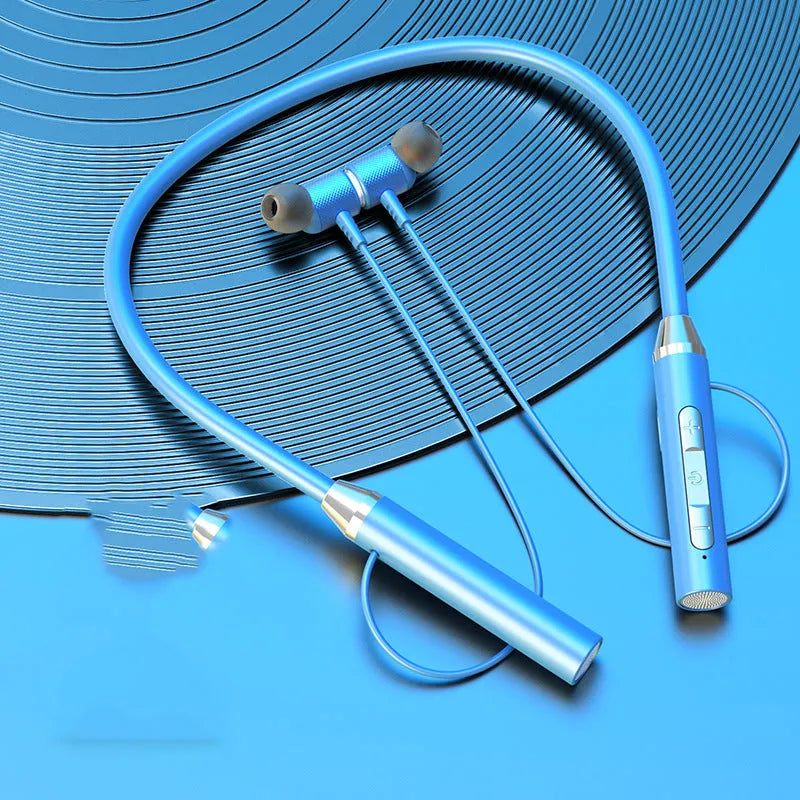 Wireless Bluetooth headset in black with neck-hanging design and bilateral stereo ear cups