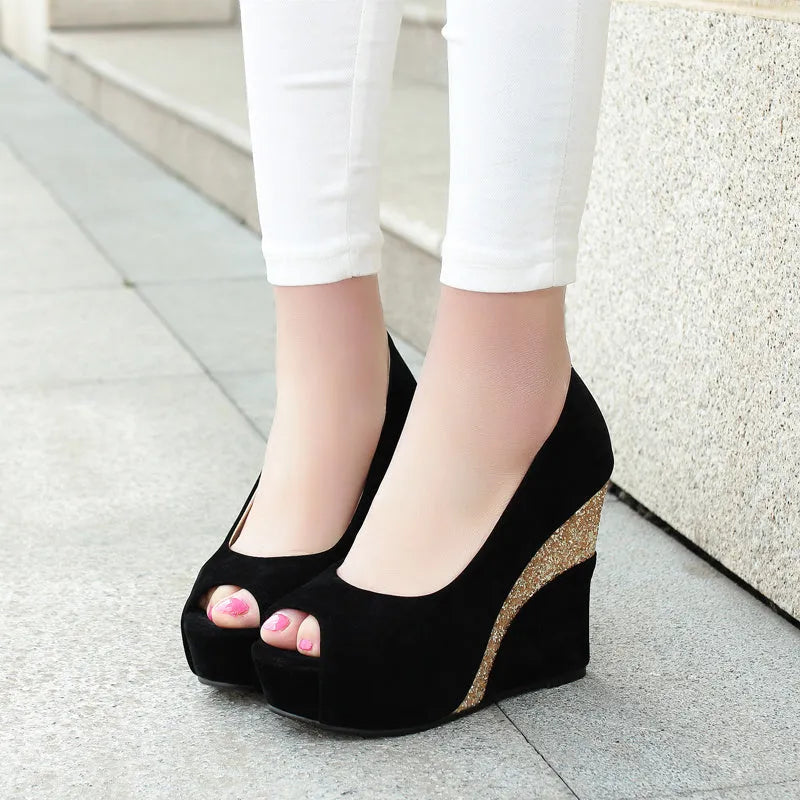 Women suede peep toe platform wedge pumps in mixed colours with low 5-8cm heel