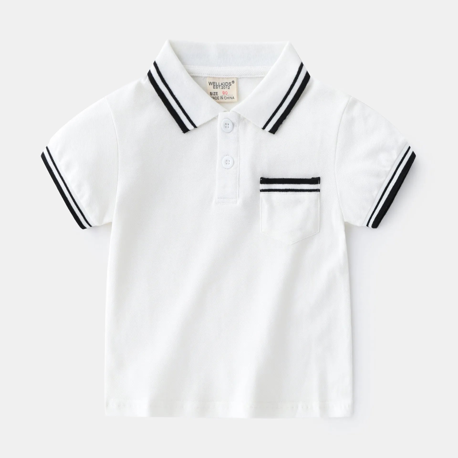 Boys' white and black cotton polo shirt with short sleeves and round neck for summer