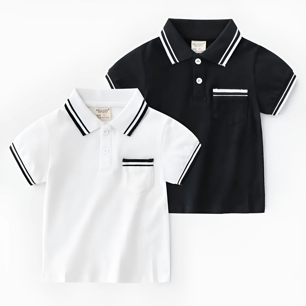 Boys' white and black cotton polo shirt with short sleeves and round neck for summer