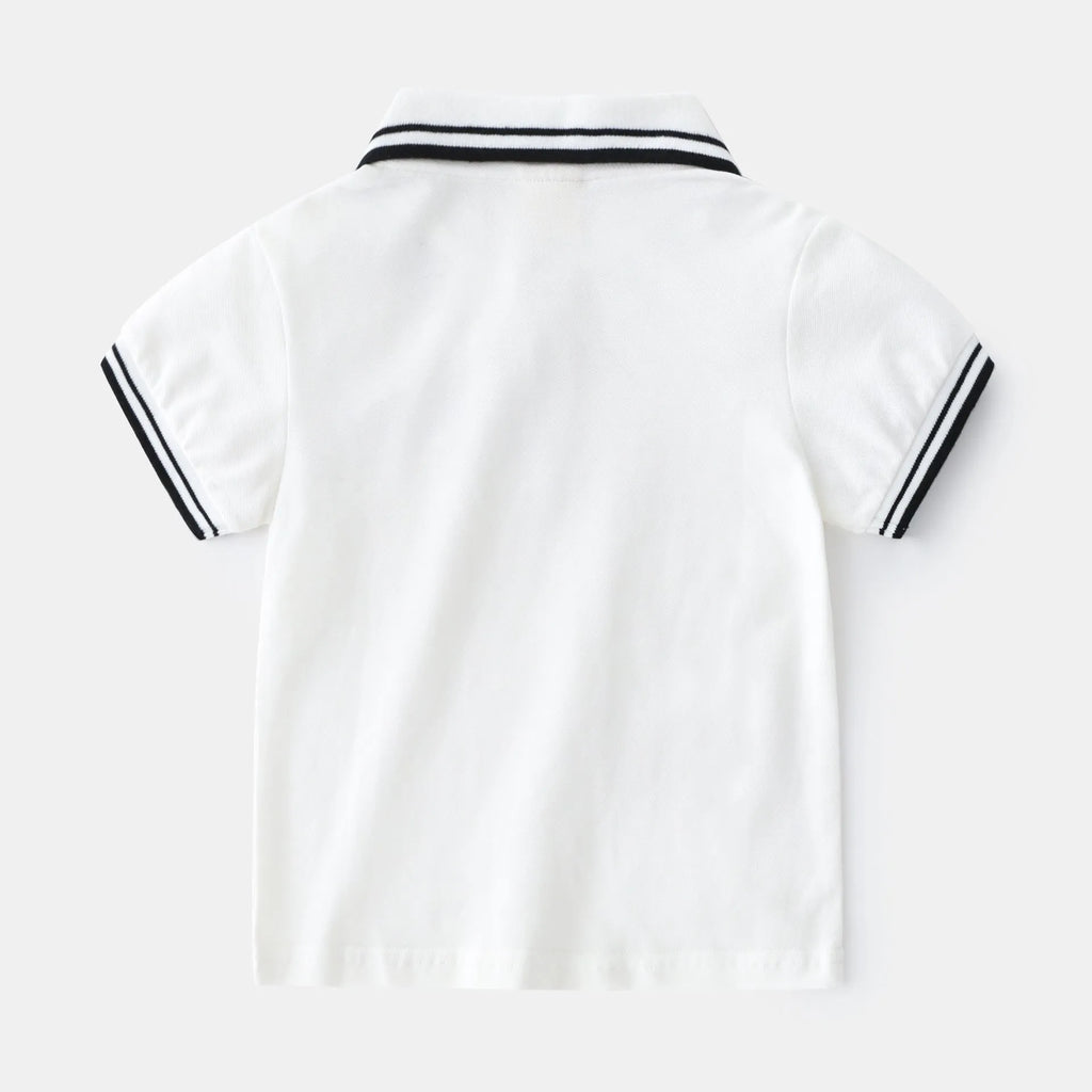 Boys' white and black cotton polo shirt with short sleeves and round neck for summer