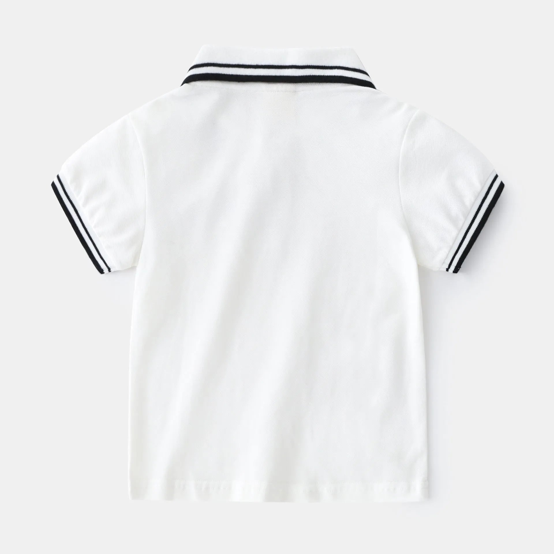 Boys' white and black cotton polo shirt with short sleeves and round neck for summer