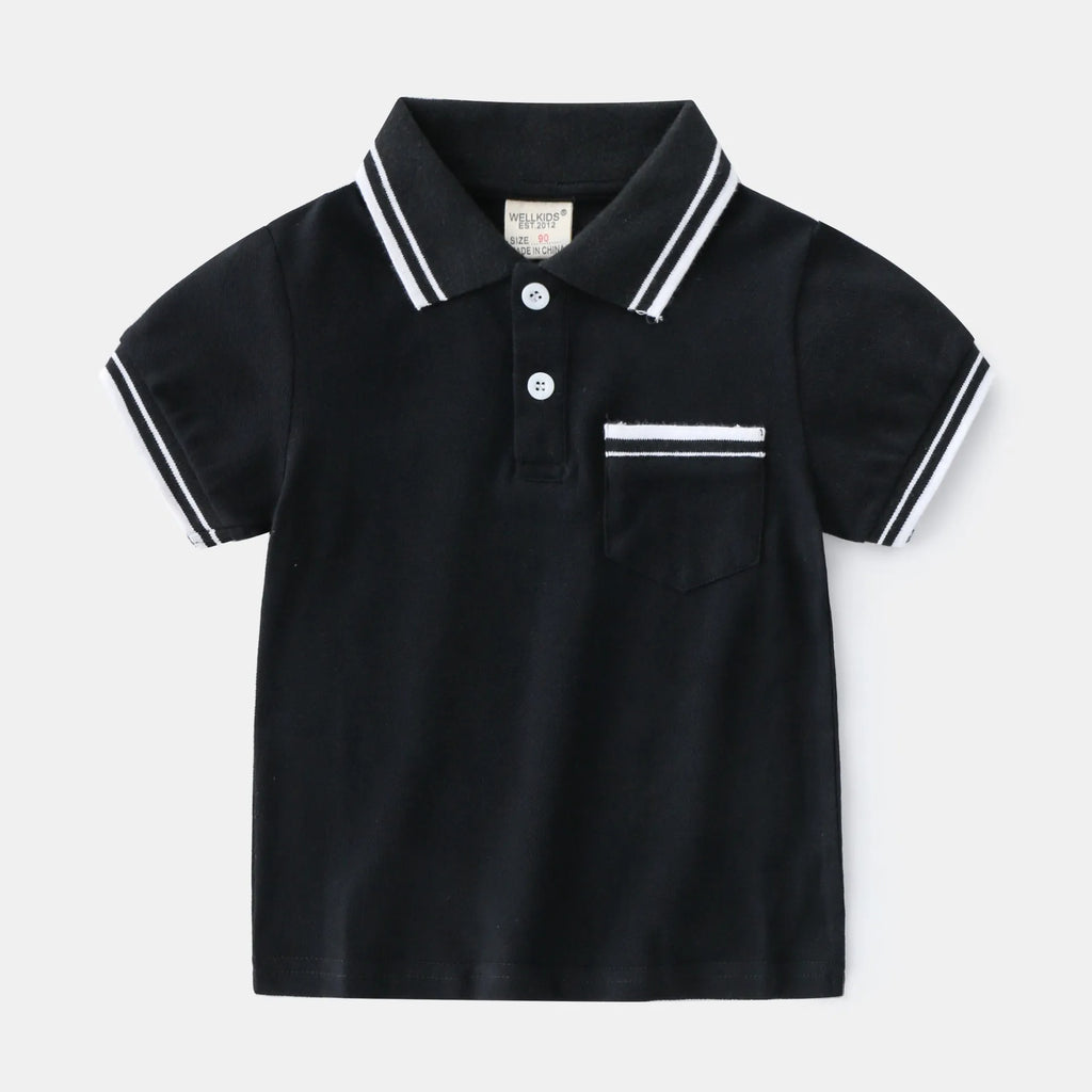 Boys' white and black cotton polo shirt with short sleeves and round neck for summer