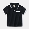 Boys' white and black cotton polo shirt with short sleeves and round neck for summer