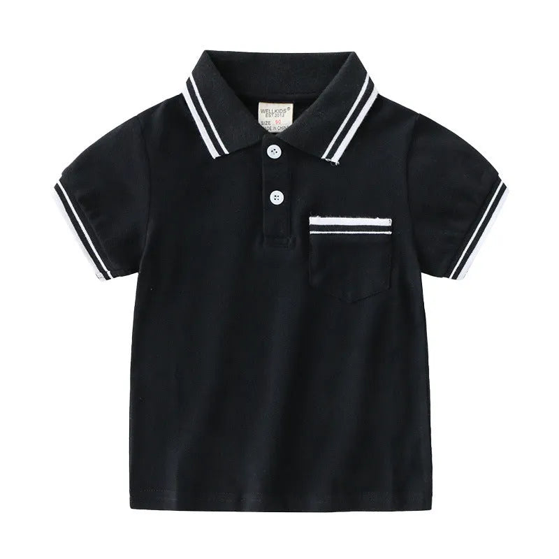Boys' white and black cotton polo shirt with short sleeves and round neck for summer