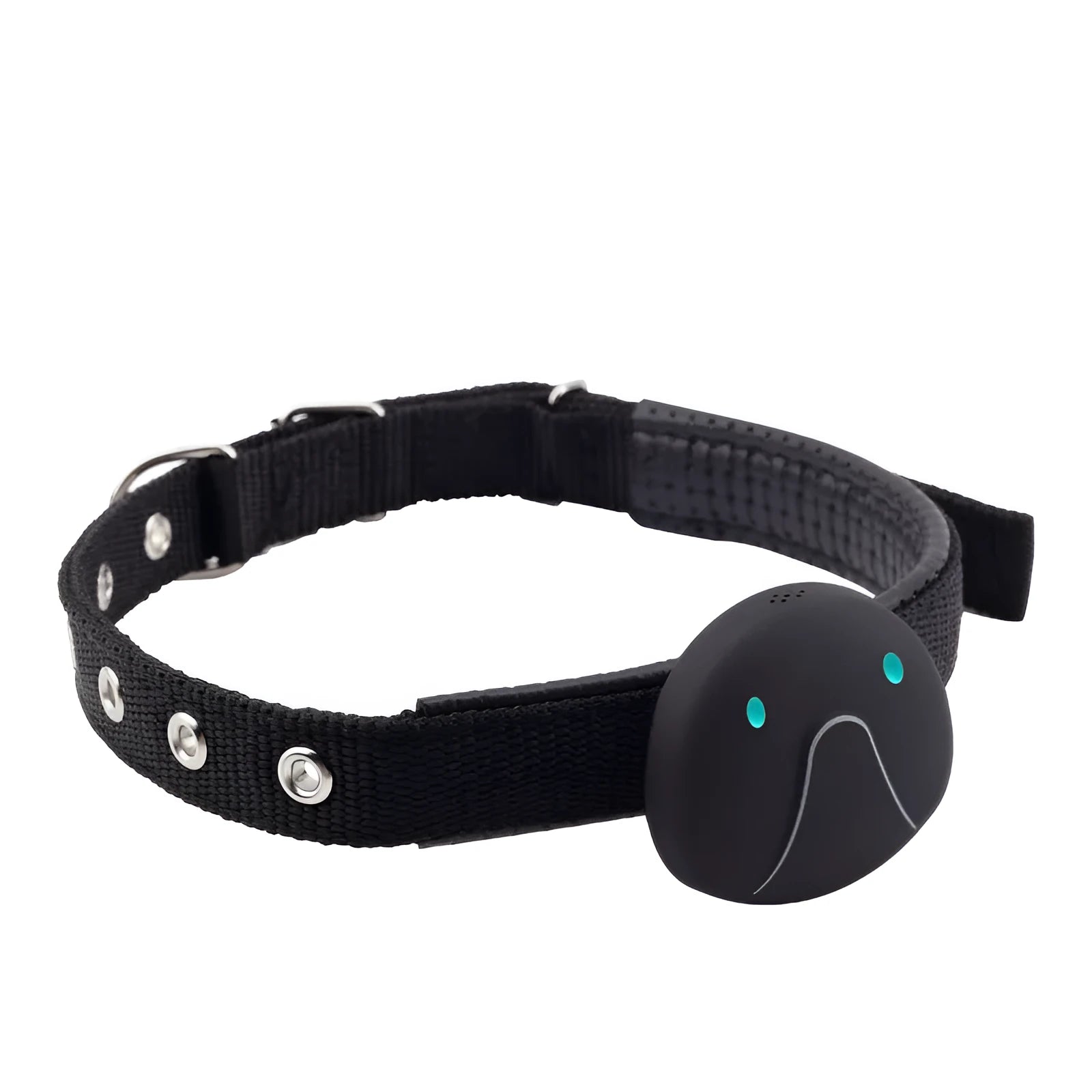 Mini pet smart wearable locator in black with ABS PVC body showing compact design for cat or dog collar