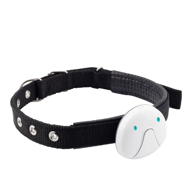 Mini pet smart wearable locator in black with ABS PVC body showing compact design for cat or dog collar